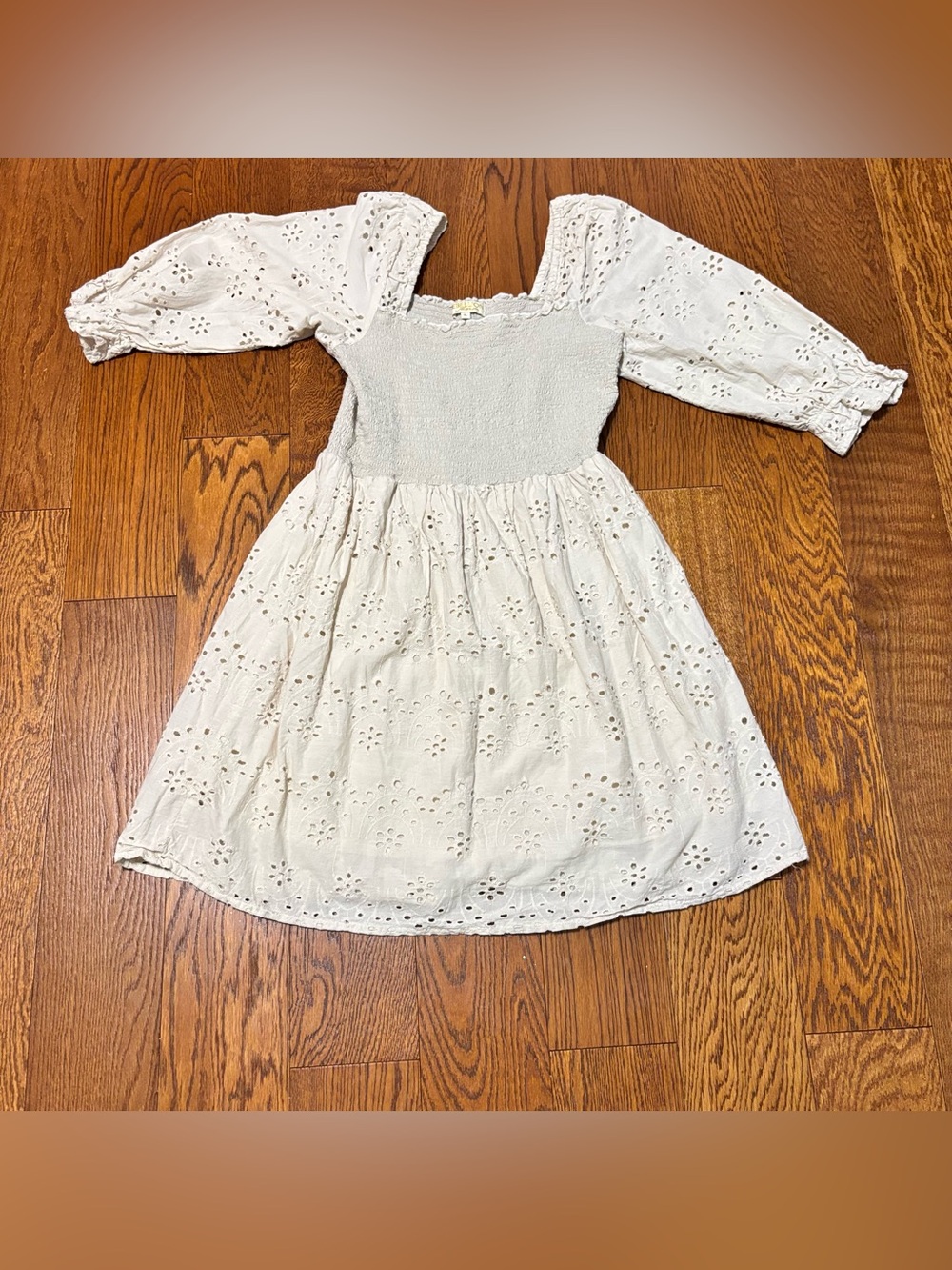 Romantic Cottagecore Rebellion Cream Eyelet Smocked Square Neck Midi Dress